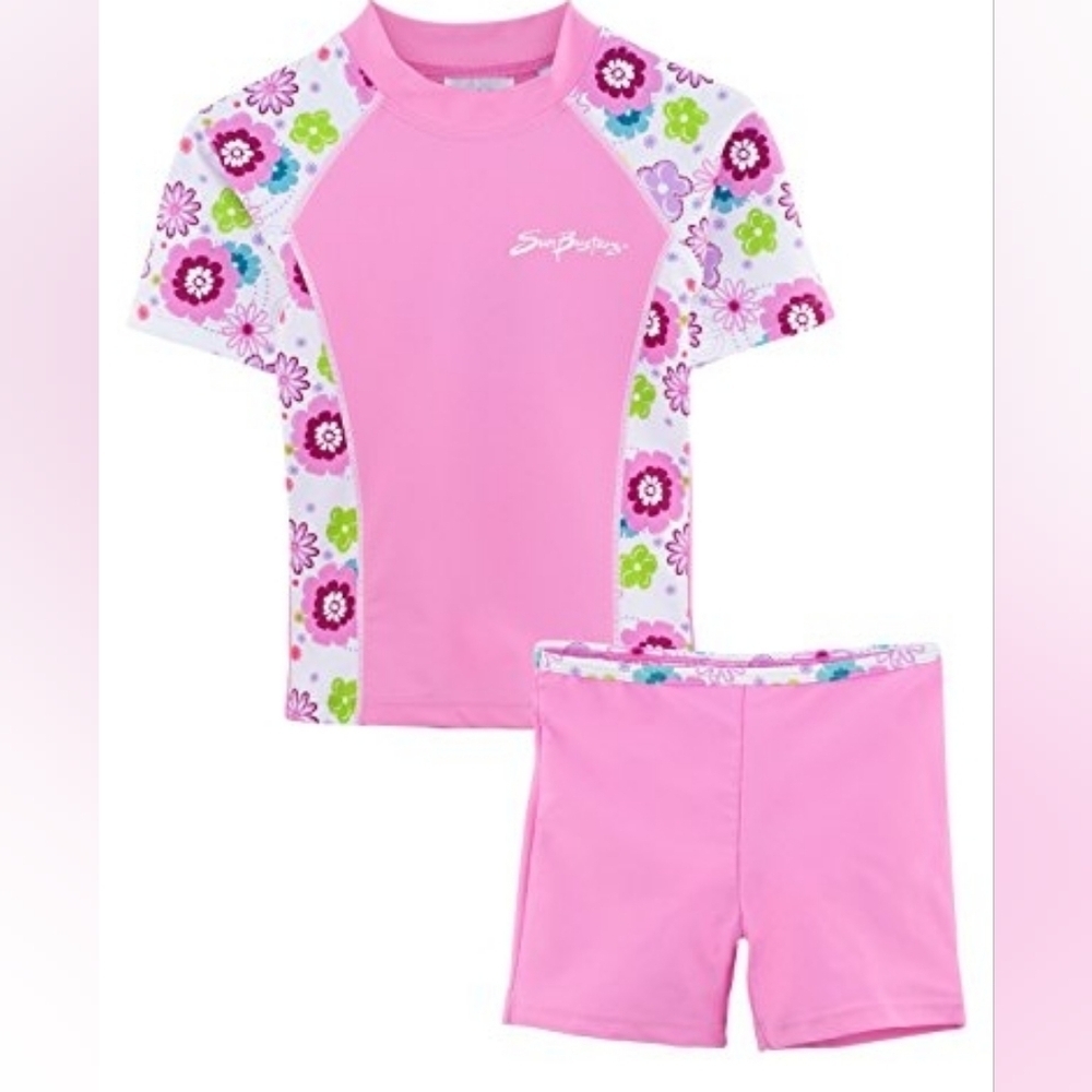 SunBusters Girls UPF50+ 2-Piece Fitted Rash Swim Set Pink Floral NWT